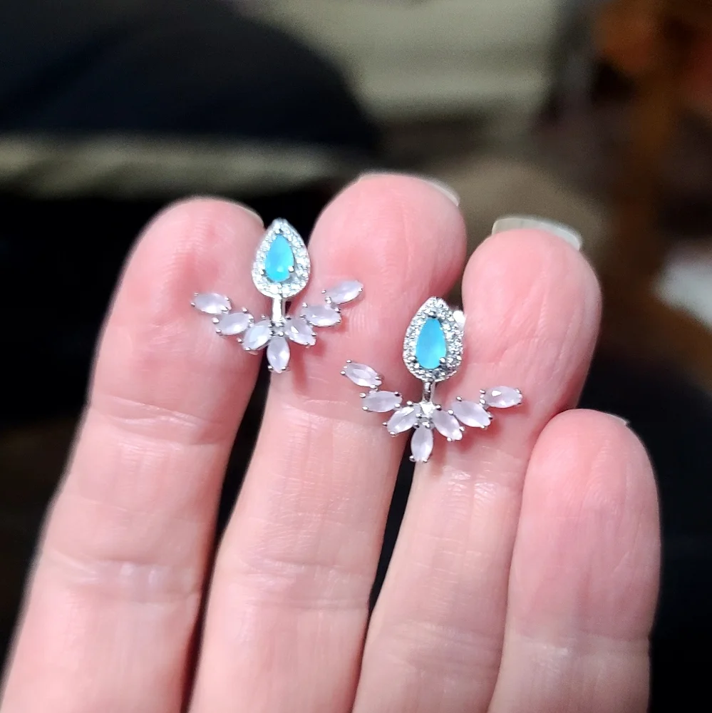 Pink & white Topaz & Aquamarine Sterling ornate earrings - Picture 3 of 7